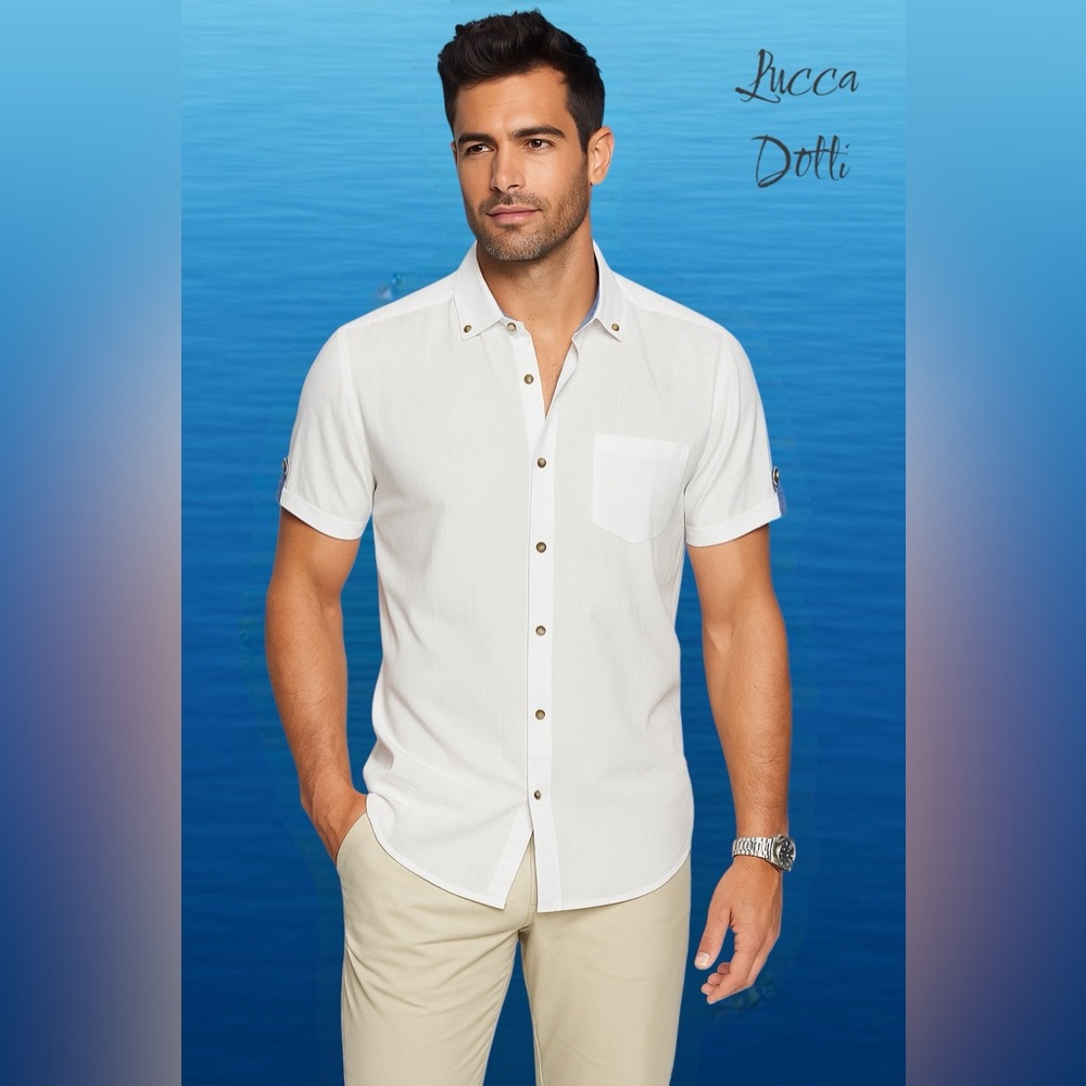 🛍️SALE🛍️ Luca Dotti Men's White Short Turned-up Cuff Sleeves Shirt